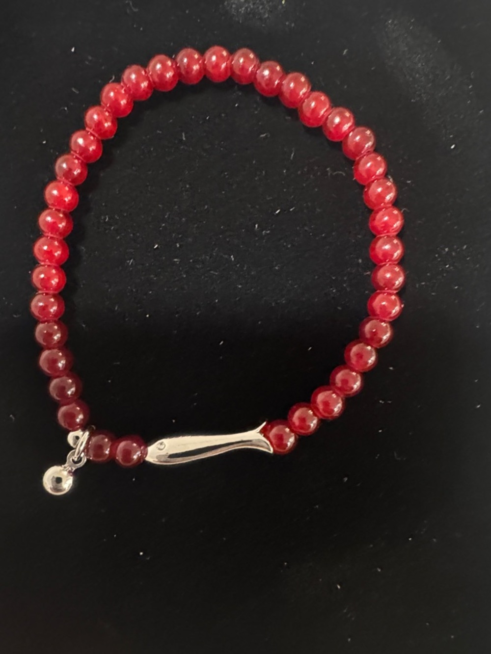 Sardine, Red Beaded Stretch Bracelet with Silver Accent (925 marked)